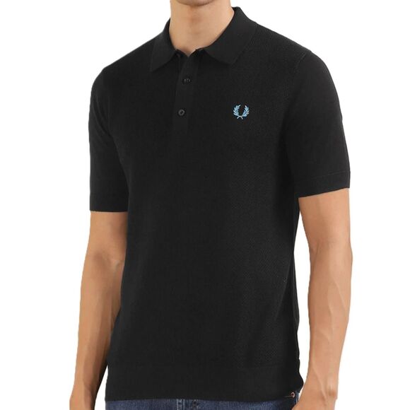 FRED PERRY Polo Shirt Mens Small Black Textured Knit Front Logo Preppy Golf $160 - Picture 1 of 10